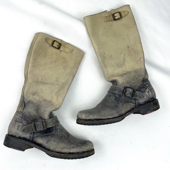 Frye Veronica Ombre Distressed Leather Buckle Boots Cream Grey Size 9.5 B